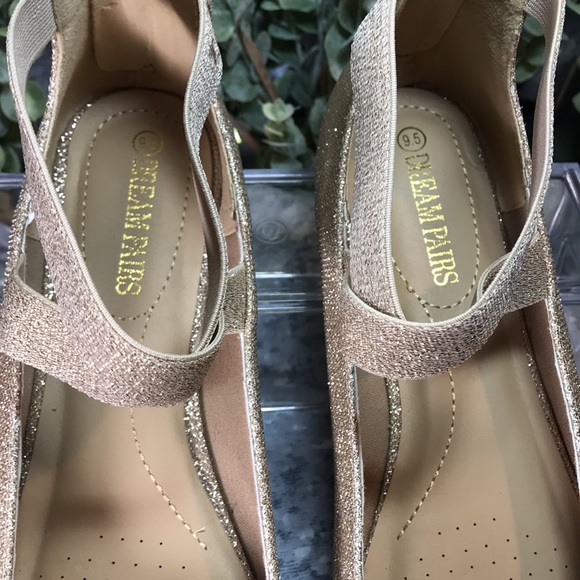 Women’s Size 9.5M Dream Pairs Gold Sparkle Flats with Elastic Ankle Cross Bands - Picture 5 of 9